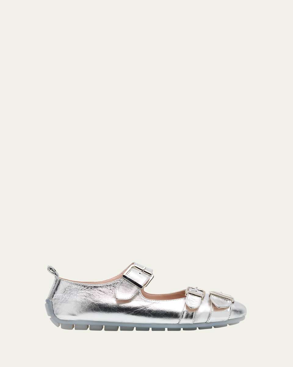 Metallic Leather Ballerina Buckle Flats